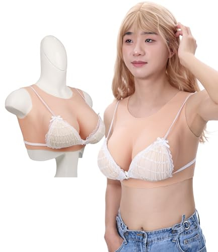 Peikey Silikon Brüste, [Rundhals-Version] Künstliche Brüste mit Geeignete BH, Realistisch Silikonbrustplatten Brustformen für Crossdresser, Weißer Hautton-Leichte Baumwollfüller, B Körbchen