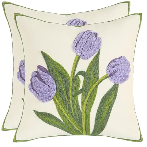 Tosleo Kissenbezug Bestickte Wurfkissenbezüge 45 x 45 cm Lila Tulpe für Gartenlounge Sofa Dekokissen Wohnzimmer Schlafzimmer 2 Stück Set Kissenbezüge Blumenmuster Garten