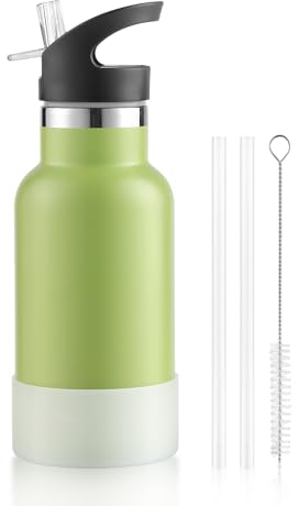 Sivaphe Insulated Water Bottle Drink Flasks Leak-Proof for Sports Outdoor Stainless Steel, Double Walled Vacuum with Lids and Straw 350ml Green