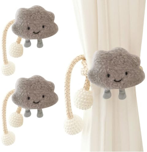 AOOPOO 2 Stück Gardinenclips Raffhalter Seil, Cartoon Wolken Vorhanghalter, Niedliche 3D Wolken Vorhang Raffhalter mit Perlen Ball, Gardinen Haken Ringe Wolken für Kinderzimmer Dekoration