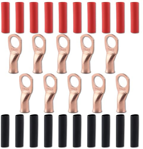 LEONTOOL 10pcs 8 AWG-3/8 Battery Cable Ends, Copper Wire Lugs Battery Lugs Ring Terminals, Heavy Duty Closed End Crimp Connectors, Marine Battery Terminal Connectors with 20pcs 3:1 Heat Shrink Tubing