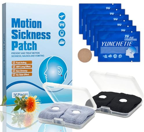 IKKAB 36 Pcs Motion Sickness Patch, Anti Nausea Sea Sickness Patch with 2 Pairs Motion Sickness Wristbands, Travel Motion Car Sickness Relief Bands for Nausea, Dizziness and Vomiting from Seasickness