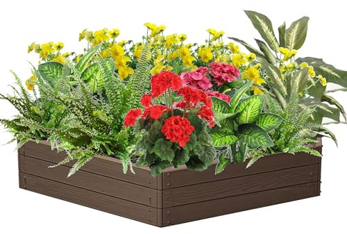 Jardinera para flores de jardín, Maceta Grande, Bancal Alto, Jardinera Marrón, Imitación Madera 148 x 129 x 25 cm