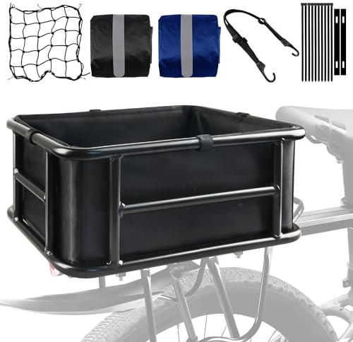 Rear Rack Bike Basket, Large Rear Bike Basket with Liners & Cargo Net & 2 Rain Covers, Heavy Duty Metal Bicycle Basket for Bicycle, Ebike, Electric Bike