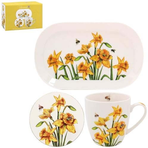 The Leonardo Collection Mug, Coaster and Snack Tray Set - Bee-Tanical Daffodils and Bees Design, 96079