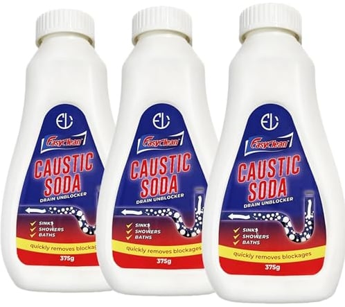 Powerful Caustic Soda Drain Cleaner | Effective Clog Remover, Industrial Strength Formula, Fast Action (3 X 375gm) (Packaging may vary)