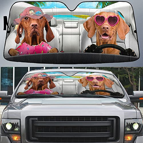 Auto Windschutzscheibe Sonnenblende Wasserbeständig Sonnenschutz Auto Frontscheibe Faltbar Auto Windschutzscheibe Sonnenschirm Vizsla-Hunde, Vizsla-Hundepaar, Das In Den Sommerferien Auto Fährt S