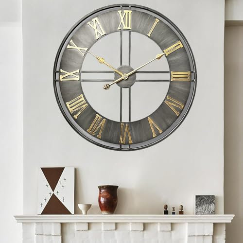 Large Wall Clock for Living Room Decor, Modern Industrial Wall Clocks Battery Operated, Silent Non-Ticking Analog Metal Clock for Dining Room Bedroom Home Office,24Inch