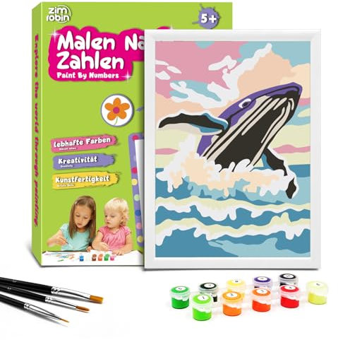 Zimrobin Peinture Numero Enfant -13×18cm Peinture par numéros enfants à partir de 5 6 7 ans fille et garçon,Cadeau créatif avec cadre 3 pinceaux et peinture acrylique (Mignonne baleine)
