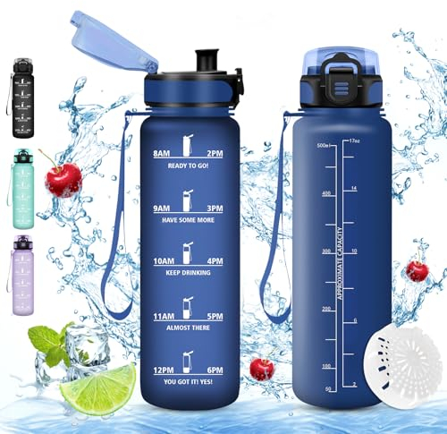 Vikaster Bouteille d'eau, Gourde 500ml, sans BPA, Étanche & Réutilisable, Bouteille d'eau avec Marqueur de Temps et Filtre, Convient Pour la, Cyclisme, Gym, Yoga, Camping, Sport, Gourde Randonnée