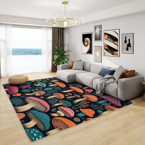 Teppich Pilze - Teppich Wohnzimmer Schlafzimmer Pilz Botanical, Kleiner Teppich Botanischer, Weich Kurzflor & Waschbar & rutschfest Fussmatte Innen, Kinderteppich 60x90 cm