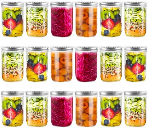 MUXHEL 18PCS Mason Jars with Lids 500ml/17 oz Leakproof Glass Jars with Silver Metal Lids Clear Wide Mouth Mason Jars Canning Jars for Overnight Oats Food Storage Cookies Nuts Candies & Beans