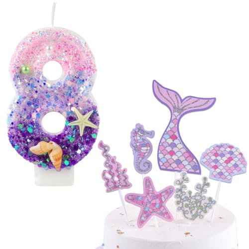 Scentoria Kerze 8. Geburtstag Mädchen, Meerjungfrau Tortendekoration, Rosa Kuchenzahl Kerze, Tortendeko (Nummer 8)