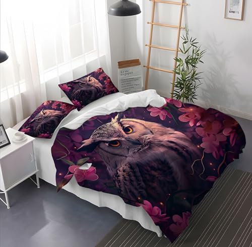 Lila Bettwäsche Set 3 teilig, SchöNe Eule Drucken Microfaser Bettwaren-Sets Mit Reißverschluss für Vier Jahreszeiten Enthält 1 Bettbezug 135 × 200 cm und 2 Kissenbezug