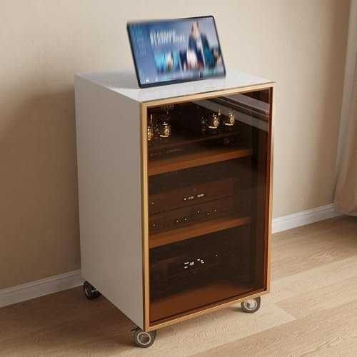 LYXWGRZD Meuble HiFi, Meuble Rack Audio avec Verre trempé, Meuble stéréo avec Roue Universelle, Meuble Audio Vidéo for Salon, Bureau/DJ/théâtre(Gold,80cm/31.4in)