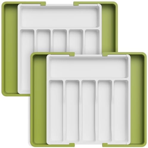 Lifewit Organizador de Cubiertos, Bandeja para Cubiertos Extensible, Cubertero para Cajón para Menaje, Organizador de Cubertería Ajustable para Cucharas Tenedores Cuchillos, Lot de 2, Verde y Blanco