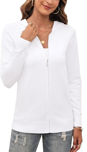 Aottori Cardigan Donna Cotone Elegante Maglione Aperto a Maniche Lunghe Felpa a Maglia con Zip e Cappuccio Golfino Slim Fit Autunno Bianco S