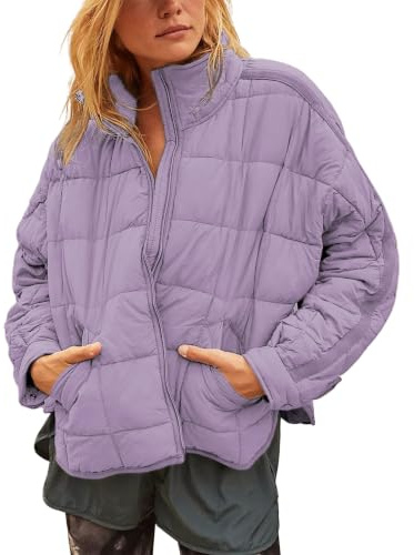 Huaqiao Steppjacke für Damen, leicht, mit Reißverschluss, kurzer Wintermantel mit Taschen