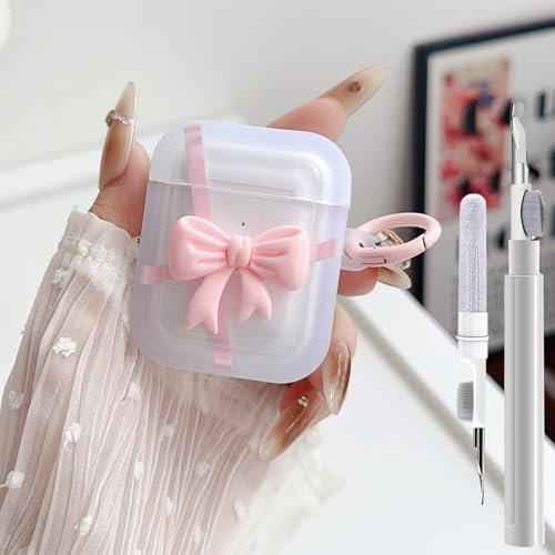 GARTOO Schutzhülle für AirPods der 2. / 1. Generation, transparent, 3D-Schleifen-Design, weiches TPU, stoßfest, Kawaii, mit Reinigungsstift und Schlüsselanhänger, für Mädchen und Frauen