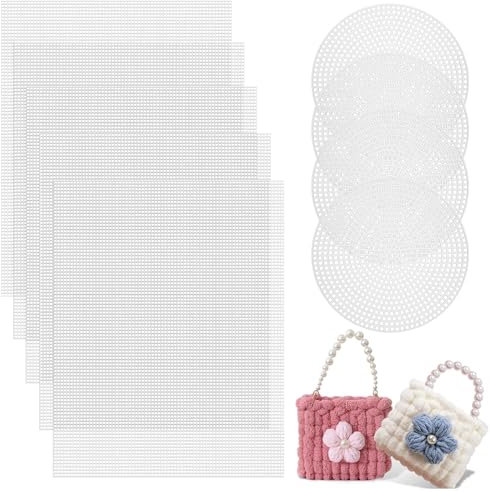 9Pcs White Plastic Mesh Canvas Set, 30x20cm Clear Crochet Projects Sheets, Ø11.5cm Plastic Craft Mesh, Cross Stitch Mesh, Needlepoint Embroidery Canvas, Knitting Crochet Sheet for Crochet Projects DIY