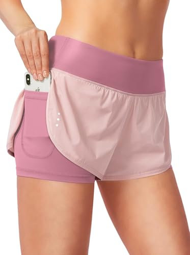 Blooshow Sport Shorts Damen Sommer Sporthose Damen Kurz Hose 2 in 1 Laufshorts Schnelltrocknend Running Gym Training Fitness Yoga Jogging Shorts mit Taschen (Rosa, M)
