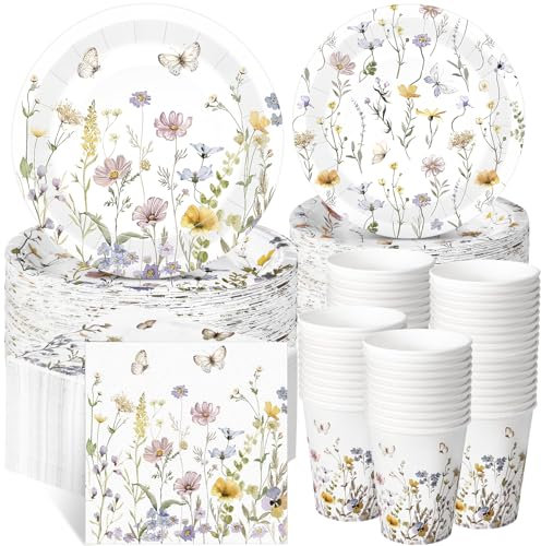 Ziliny 250 Pcs Floral Disposable Tableware Set Spring Floral Paper Cups Plates and Napkins Wildflower Baby Shower Decorations for 50 Guest (Light Color,Elegant Style)