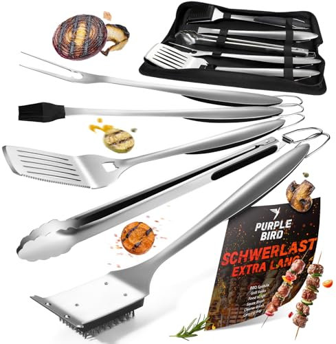 PURPLEBIRD Premium Grillzubehör Set aus Edelstahl - 6-teilig mit 3-in-1 Spatel, Gabel, Zange, Bürste, Saucenpinsel & Tragetasche für perfektes BBQ, Picknick & Gartenparty
