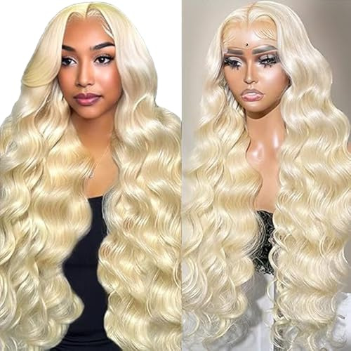 Hxxcoup Human Hair Wig Body Wave 13x4 Lace Front #613 Blonde Echthaar Perücke Perücke Damen Glueless Wear and Go Blenched Knots with Baby Hair for Woman Minimal Smell 32 Zoll