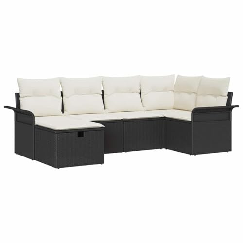 vidaXL 6-teiliges Garten-Sofa-Set mit Kissen in Schwarz aus Poly-Rattan. Modulares Outdoor-Sitzmöbel für 5 Personen, wetterfest, bequem und stylisch. Perfekt für Balkone oder Terrassen.