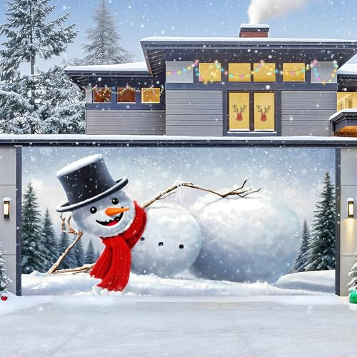 Christmas Garage Door Cover, Hanging Backdrop Door Cover Christmas Garage Wall Decorations for Outdoor Home Yard Party Photo Backgrounds,Christmas Snowman,16 * 7FT