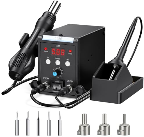 Estacion Soldadura, 2 en 1 Soldering Station con Temperatura y Volumen de Aire Ajustable, Control de Temperatura, Función de Inicio/Parada Auto, Adecuado para una Variedad de Personas