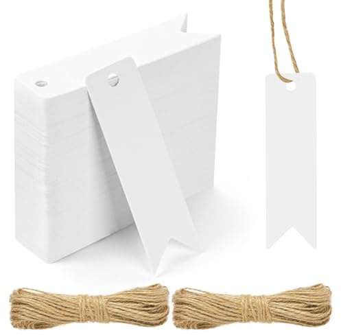 Flintronic 120 Stück Geschenkanhänger, Kraftpapier Anhänger zum Beschriften, mit 20m Jute Schnur, Handmade Label, für Geschenkverpackung, Hochzeit, Halloween, Erntedankfest, Weihnachten, DIY(Weiß)