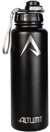 Altumt Botella Agua Acero Inoxidable Termica Gimnasio, Termo Deportivo | 1200ml, Agua fría 24h, calor 12h, doble pared. Antifugas sin BPA, apertura una mano, asa. Uso diario, senderismo, gym. Negro