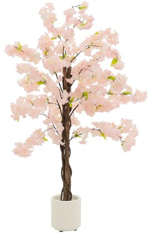 ML-Design Künstlicher Kirschblütenbaum 120 cm Rosa, Kunstpflanze Kirschbaum groß für Drinnen & Draußen, Deko Kunstbaum echt mit Naturholzstamm im Topf, Pflegeleichte Künstliche Pflanzen für Wohnzimmer