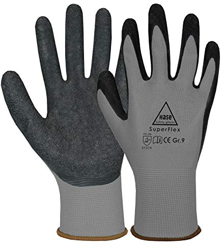 10 Paar Hase Superflex Arbeitshandschuhe mit Latexbeschichtung, Rutschfeste Gartenhandschuhe, Angenehmer, Ideal für Handwerk, Gartenarbeiten, Industrie Grau Gr. XL (10)