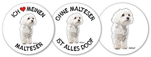 AdriLeo - Runde Aufkleber 3er-Set - Malteser - Deko Autoaufkleber Sticker Hund