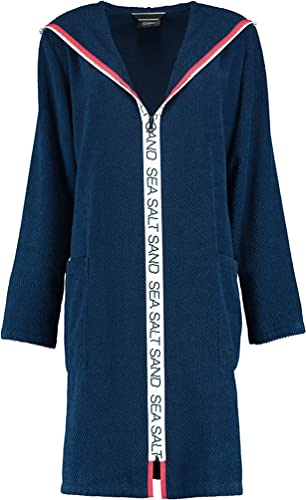 Cawö Damen-Kurzmantel mit Kapuze und Reißverschluss 3101 Farbe Navy Größe XS Morgenmantel Schrift