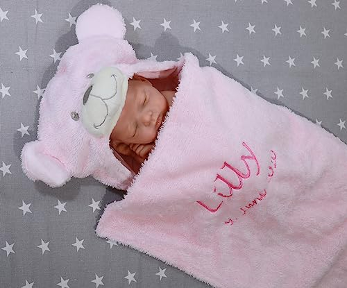 Generisch Babydecke mit Kapuze Bär – personalisierte Kuscheldecke rosa mit Name – Geschenk zur Geburt & Taufe – weiche Kapuzendecke für Neugeborene Mädchen (Rosa - Teddybär)