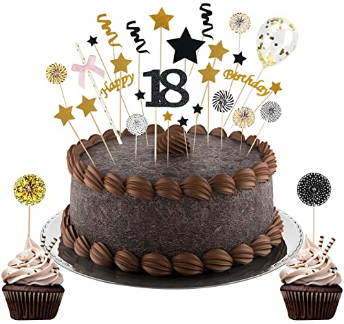 WEDNOK 18 Geburtstag Tortendeko Schwarz Gold Cake Topper 18 Kuchendeko 18.Geburstagstorte Deko Happy 18th Birthday Tortendeko mit Herz Stern Kuchenaufsatz für Junge Mädchen Kinder