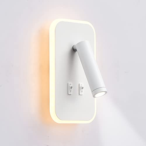 uksunvi Lámpara de pared LED, lámpara de pared de lectura junto a la cama, lámparas de lectura de pared LED de 12 W, foco ajustable (3 W + 9 W 3000 K luz cálida) (rectángulo blanco)