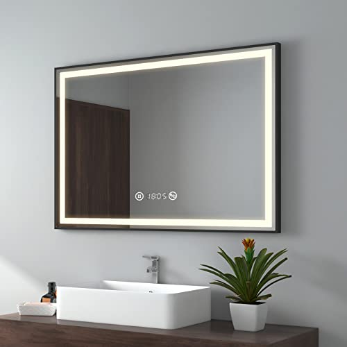 EMKE Badspiegel mit Beleuchtung 100x70cm, schwarzer Badezimmerspiegel mit Touch, Dimmbar, Antibeschlag, Uhr, Memory-Funktion und Neutrales Licht 4300K, energiesparend Wandspiegel IP44