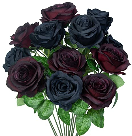 Huahuashijie 1 Blumenstrauß künstliche Seidenrosen, künstliche Blumen, Brautstrauß, realistische Blütenblume für Zuhause, Garten, Party, Hotel, Büro, Dekoration (schwarz, rot und schwarz)