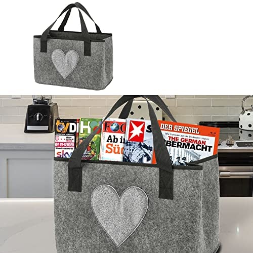 Filztasche Herz Zeitungsständer │ 40x26,5x21cm hellgrau Filz Henkel │ Shopper Tasche Aufbewahrung (1 x Filztasche Herz hellgrau)