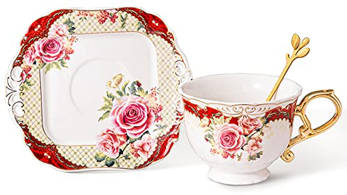 fanquare Rote Kaffeetasse mit Untertasse, Florale Keramik Tasse mit Goldrand, Teetassen Set für Hochzeit und Jahrestag