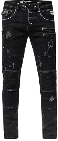 Rusty Neal Herren Biker-Jeans 'Misato' DIE-Absolute-Jeans Slim Fit Stretch Destroyed Biker Zip-Design mit Stylischer Knopfleiste und Kontrast-Naht 241, Farbe:Black Used, Größe Jeans L32:38W / 32L