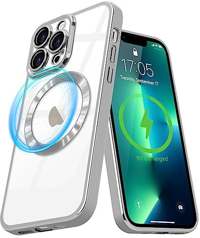 Pepmune Cover Magnetica per iPhone 13 Pro Custodia Compatibile con Magsafe Trasparente Placcatura Disegno Copri Fotocamera Antiurto Case Sottile Anti Ingiallimento Cover per iPhone 13 Pro Argento
