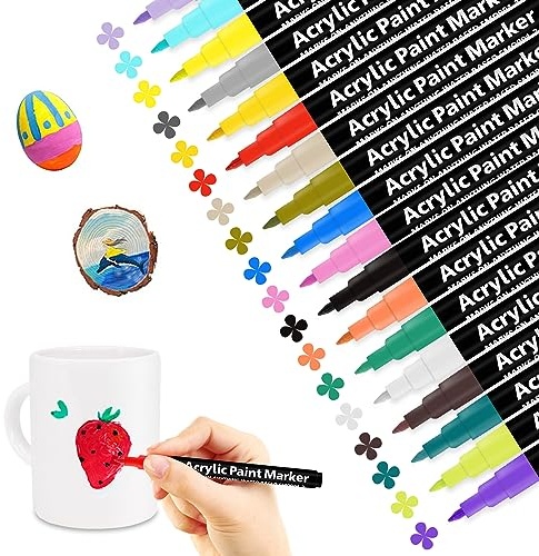 Autoau Acrylstifte für Steine Wasserfest 18 Farbige Acrylmarker Permanent Marker Steine Bemalen Stifte Set Multimarker für Holz Felsmalerei Graffiti Keramik Glas Stoff Porzellan Metall