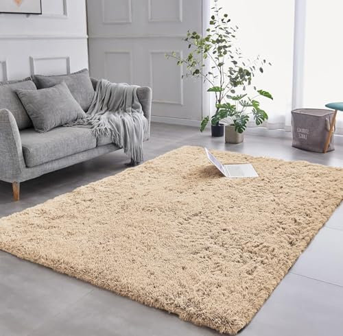 AMEHA Super Weicher Flauschiger Shaggy Teppich - Moderner Teppich in Beige für Wohnzimmer und Schlafzimmer - Rutschfester, Shaggy Flor und fusselfrei - leicht abwaschbar (Beige, 80 x 150 cm)