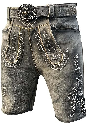 Trachten Lederhose Kurze Herren Lederhose Oktoberfest Lederhose mit Gürtel, Antik Smoke 46-58 (56)