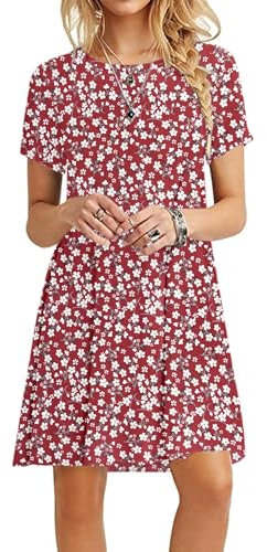 MOLERANI Summer Dresses for Women UK Casual T-Shirt Dress Short Sleeve Ladies Beach Dress (M, Red Flower)